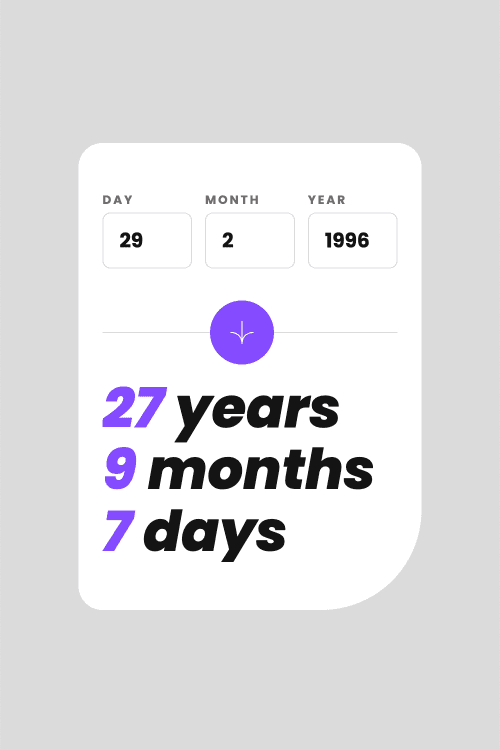 Age calculator mobile view showing the age of someone born February 29, 1996