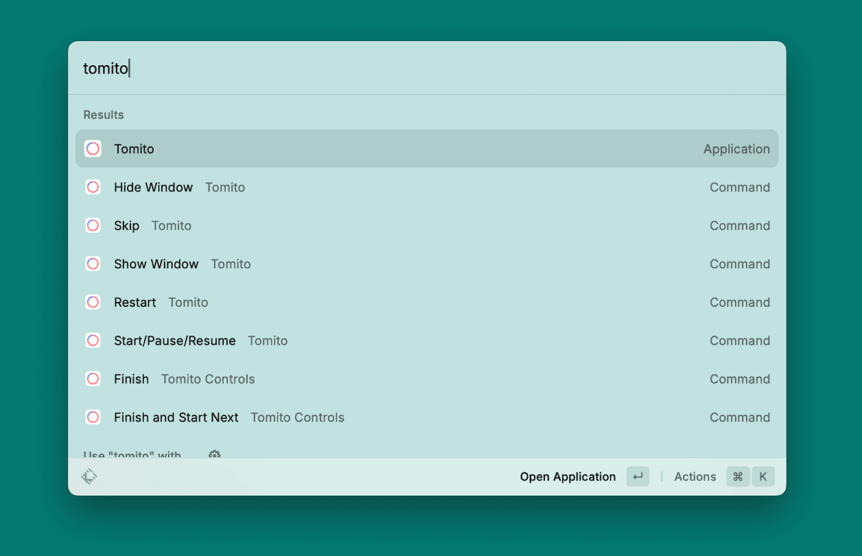 Raycast app showing collection of Tomito commands