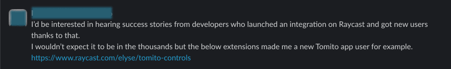 Slack message stating the Tomito Controls extension made them a Tomito user