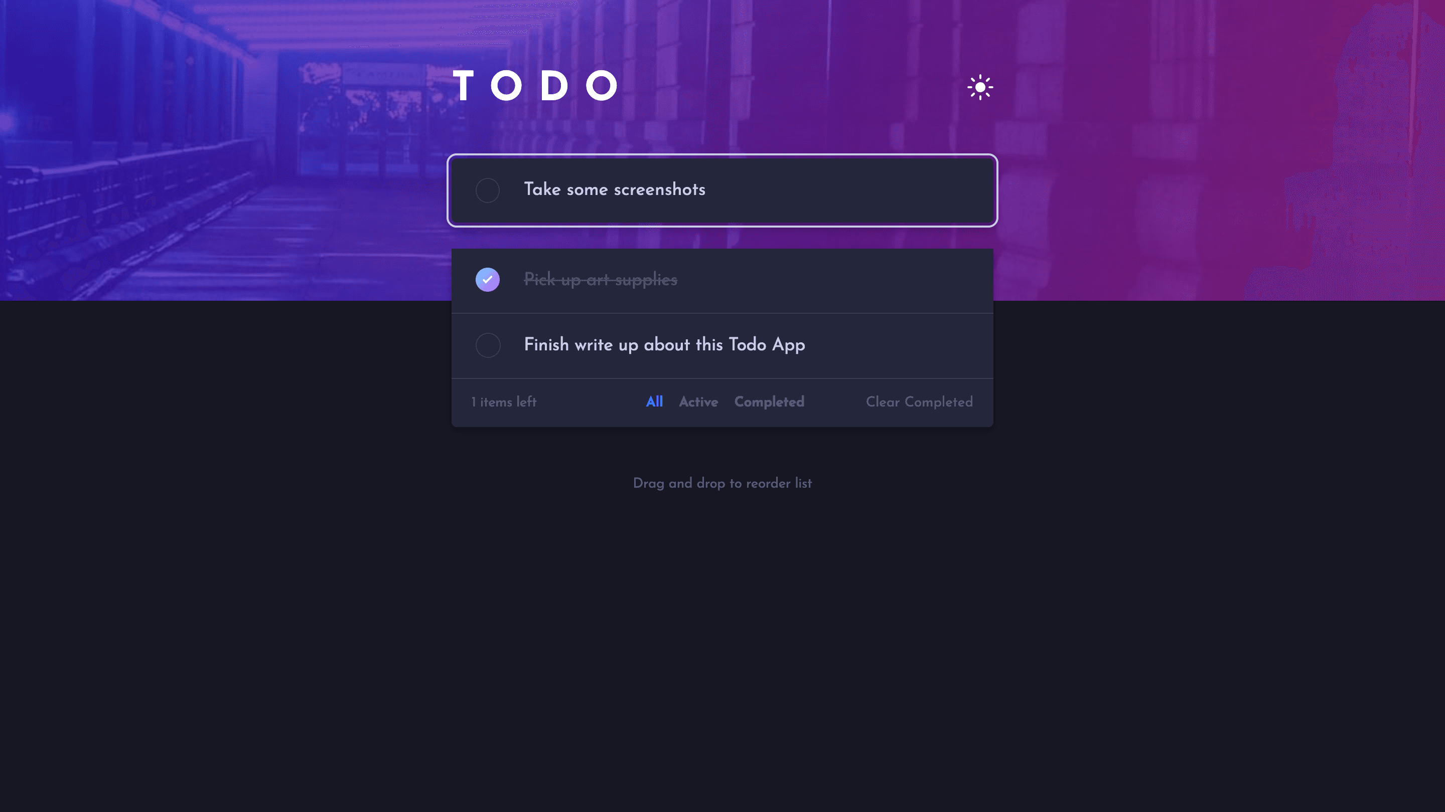  Todo app showing hover state in dark mode