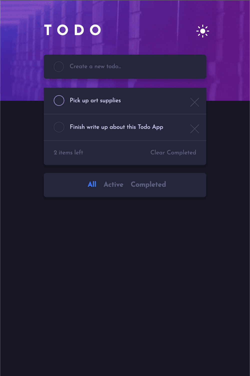 Todo app mobile view in dark mode