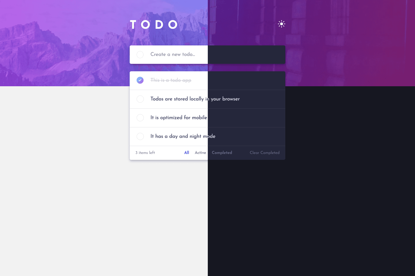 Todo app thumbnail showing a list of todos in night and day modes